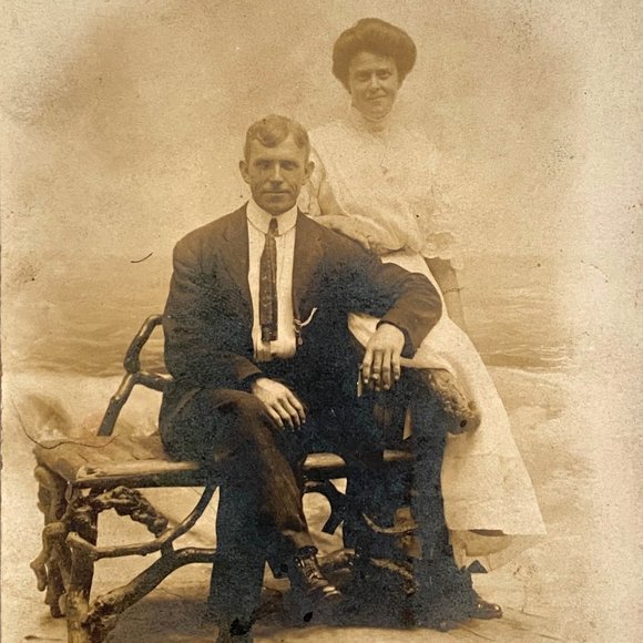 RPPC c1930 Handsome Gentleman Lady Couple Studio Portrait AZO Divided Postcard - Picture 1 of 6